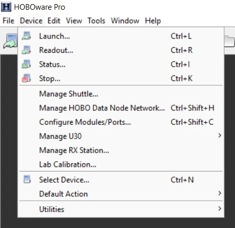 Menu device pada HOBOware Pro Software